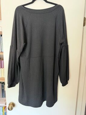 Women's Plain Textured Ribbed Pocket Bishop Sleeve Short Dress